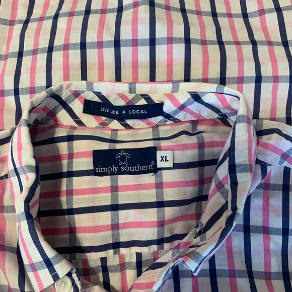 Men's Simply Southern Plaid Long Sleeve Button Up White Navy Pink Shirt XL - Picture 9 of 12